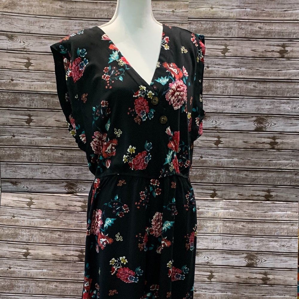 Xhilaration Black and Pink Floral Jumpsuit Sleeveless V-Neck